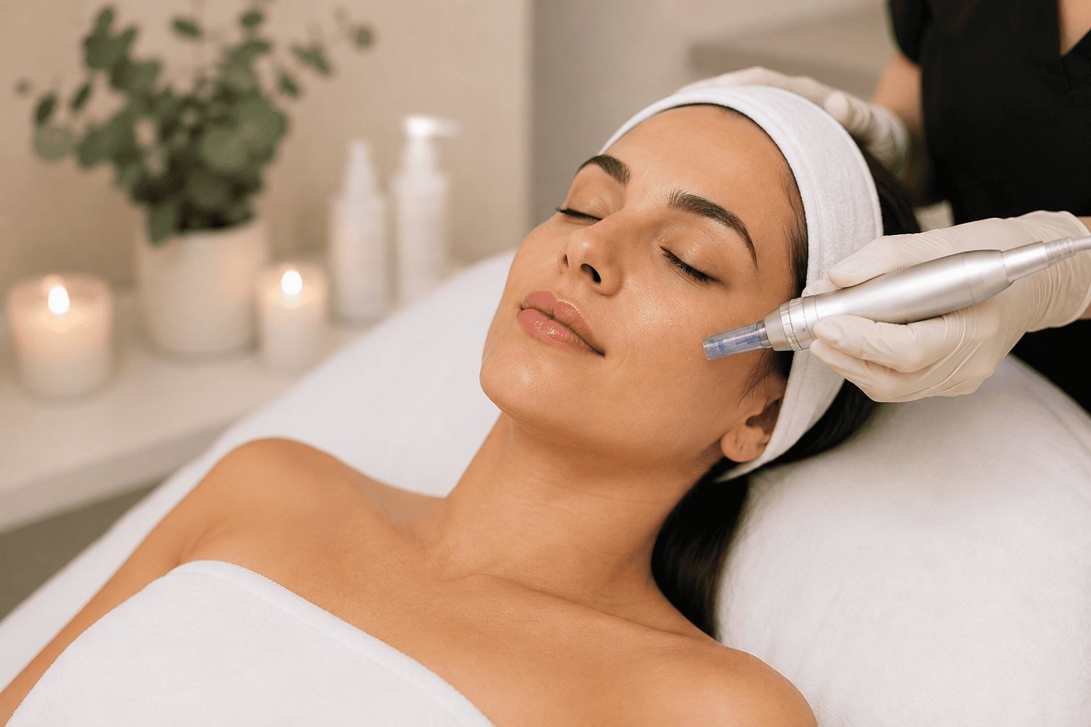 A client relaxing during a microneedling facial treatment at Bare Beauty